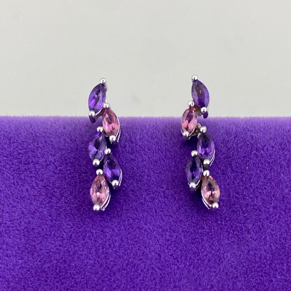💛 9k White Gold Purple Amethyst & Pink Tourmaline Marquise Drop Earrings